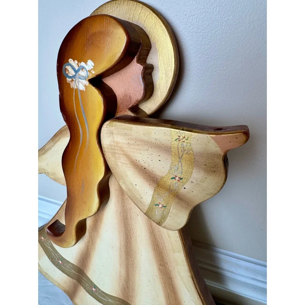 Vintage‎ Hand Painted Wood Angel Wall Hanging Countrycore Cottagecore Decor 17in